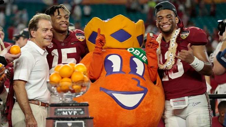 Head coach Nick Saban, Xavier McKinney and Tua Tagovailoa of the Alabama Crimson Tide after the victory against the Oklahoma Sooners during the College Football Playoff semi-final