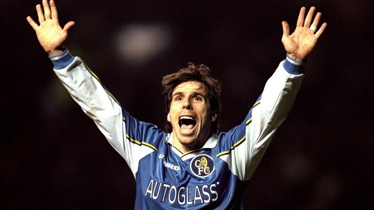 16 Dec 1998: Gianfranco Zola of Chelsea celebrates after scoring against Manchester United in the FA Carling Premiership match at Old Trafford in Manchester, England. The game ended 1-1. \ Mandatory Credit: Alex Livesey /Allsport