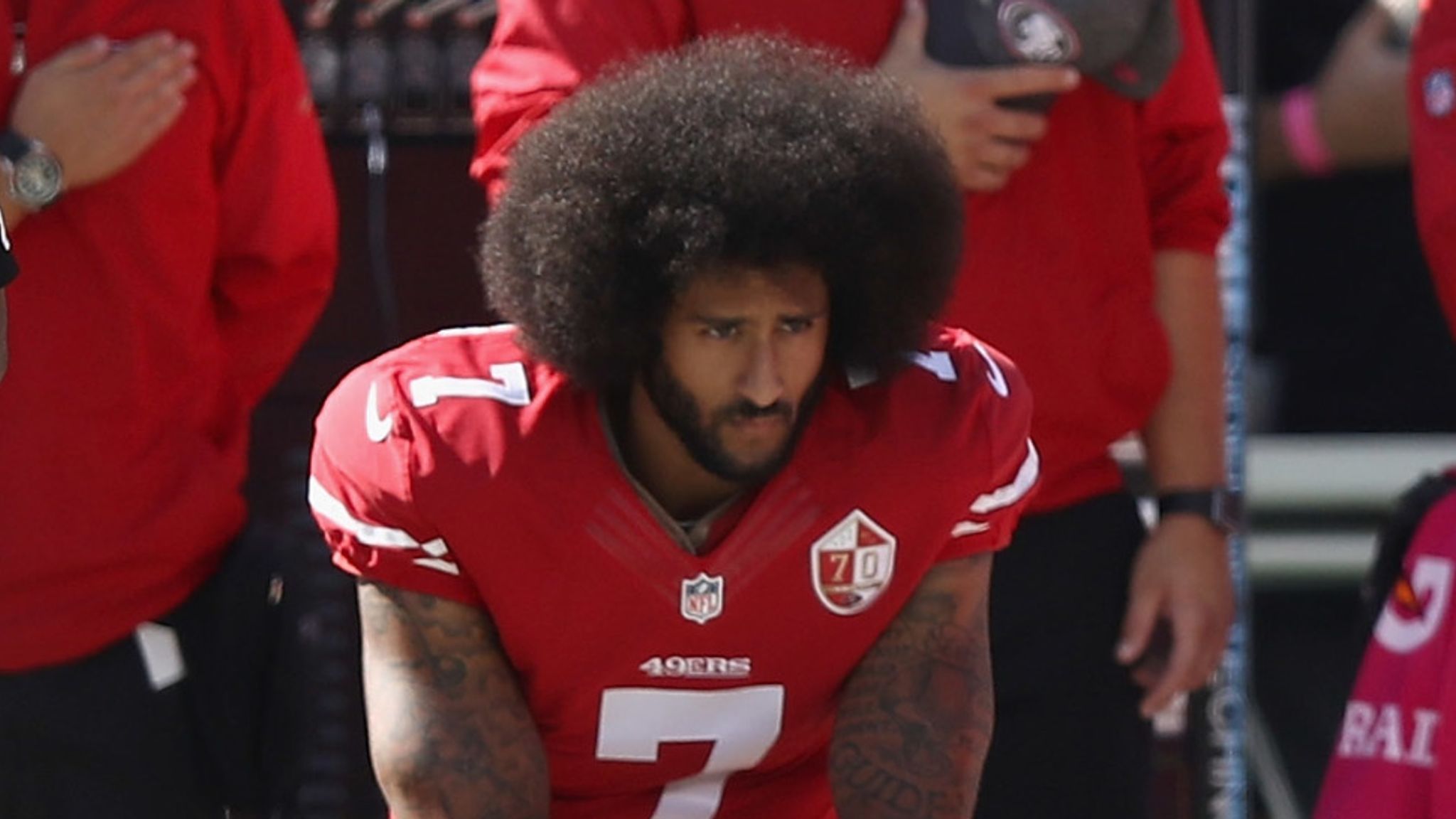 Former 49ers Quarterback Colin Kaepernick taking a knee during the national anthem "pictured here"