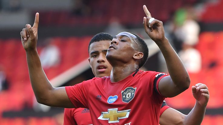Anthony Martial celebrates after scoring Manchester United's second goal against Sheffield United