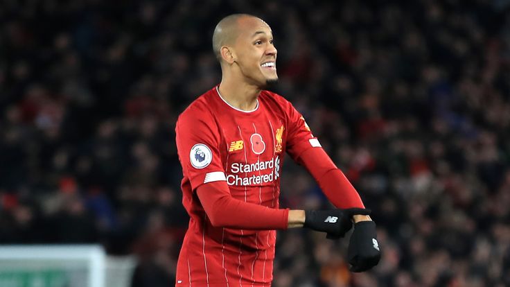 Fabinho celebrates his opener against Manchester City in November