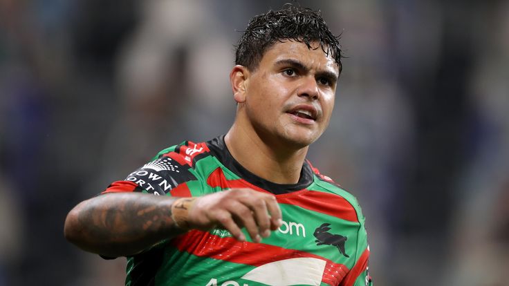 SYDNEY, AUSTRALIA - JUNE 19: Latrell Mitchell of the Rabbitohs looks on during the round six NRL match between the South Sydney Rabbitohs and the New Zealand Warriors at Bankwest Stadium on June 19, 2020 in Sydney, Australia. (Photo by Mark Kolbe/Getty Images)