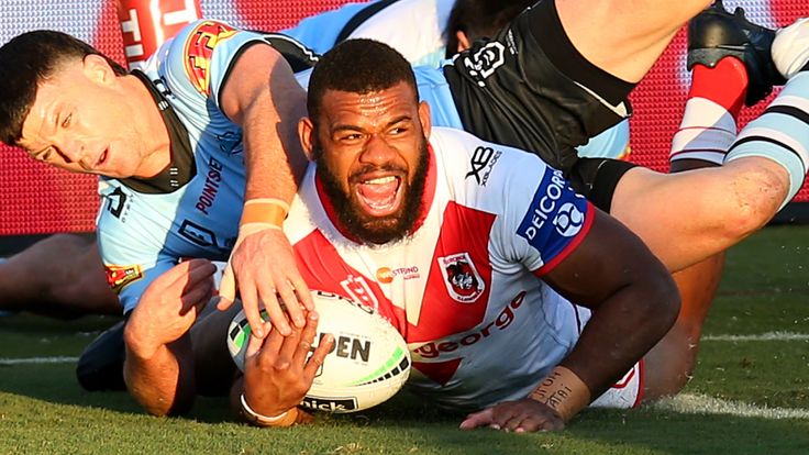SYDNEY, AUSTRALIA - JUNE 14: Mikaele Ravalawa of the Dragons scores a try during the round five NRL match between the St George Illawarra Dragons and the Cronulla Sharks at Campbelltown Stadium on June 14, 2020 in Sydney, Australia. (Photo by Jason McCawley/Getty Images)