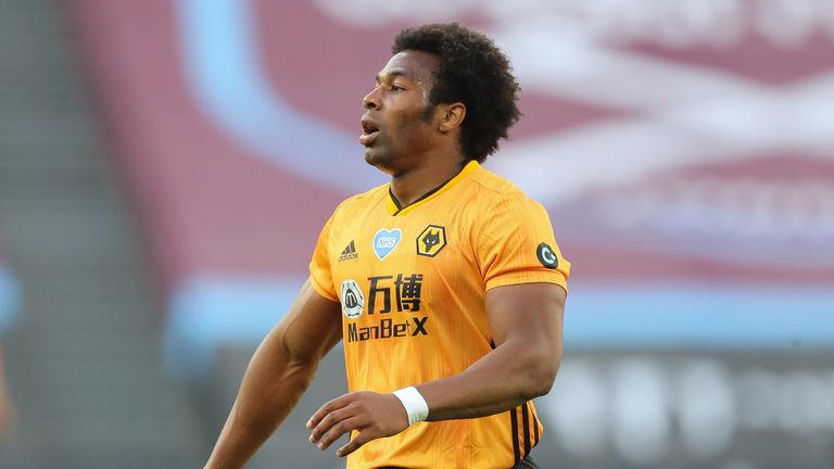 Adama Traore in action after coming on as a substitute for Wolves in their 2-0 win away to West Ham at the London Stadium