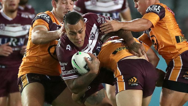 GOSFORD, AUSTRALIA - JUNE 11: Addin Fonua-Blake of the Sea Eagles is tackled during the round five NRL match between the Manly Sea Eagles and the Brisbane Broncos at Central Coast Stadium on June 11, 2020 in Gosford, Australia. (Photo by Cameron Spencer/Getty Images)