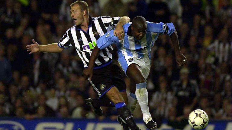 Alan Shearer of Newcastle and Paul Williams of Coventry battle for the ball