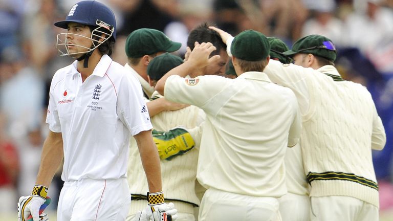 Alastair Cook trudges off after being dismissed by Mitchell Johnson on day four of the 2009 Ashes Test in Cardiff