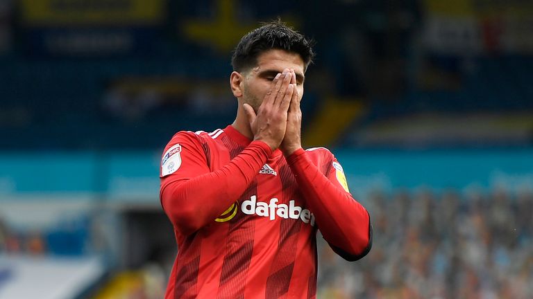 Aleksandar Mitrovic of Fulham reacts after missing a shot during the Sky Bet Championship match between Leeds United and Fulham at Elland Road on June 27, 2020 in Leeds, England