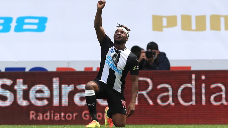 Allan Saint-Maximin takes a knee as he celebrates his opening goal against Sheffield United