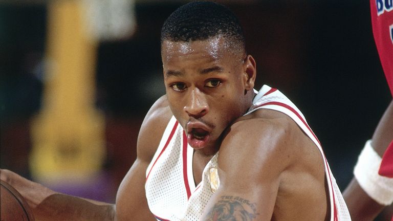 Allen Iverson in action for the Philadelphia 76ers in his rookie season in 1996