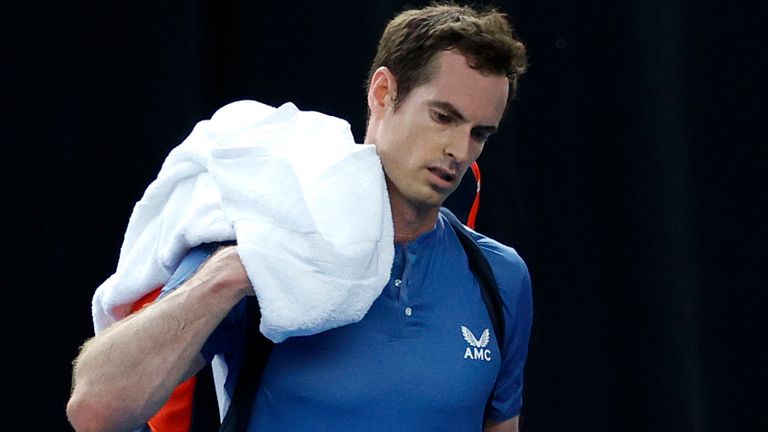 Andy Murray leaves the court following defeat during his singles semi final match against Dan Evans on day 5 of Schroders Battle of the Brits at the National Tennis Centre on June 27, 2020 in London, England. 