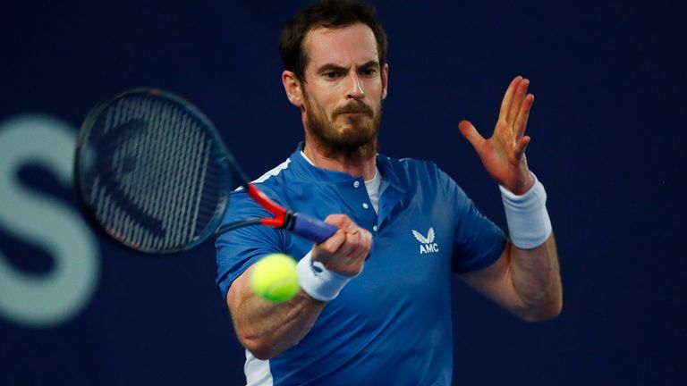 Andy Murray plays a forehand in his match against Liam Broady on day one of Schroders Battle of the Brits at the National Tennis Centre on June 23, 2020 in London, England