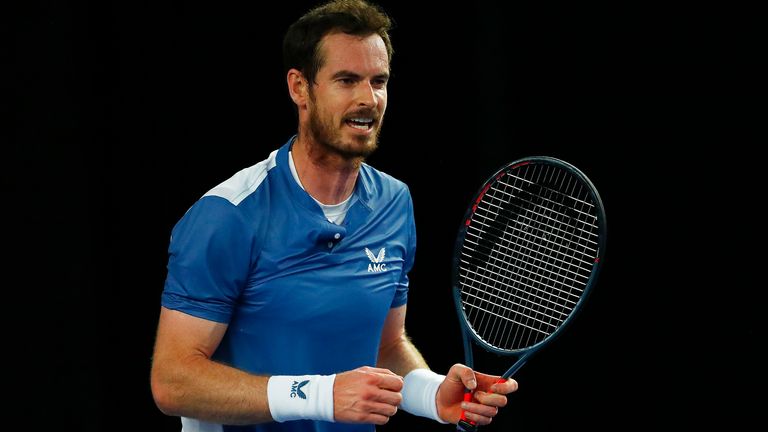 Andy Murray celebrates match point in his match against Liam Broady on day one of Schroders Battle of the Brits at the National Tennis Centre on June 23, 2020 in London, England