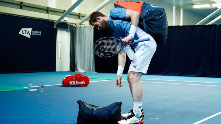 Andy Murray prepares to go on court for his match against Liam Broady on day one Schroders Battle of the Brits at the National Tennis Centre on June 23, 2020 in London, England