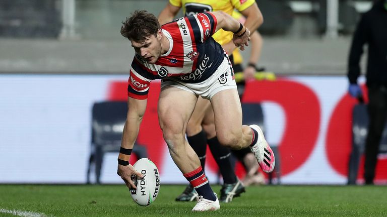 SYDNEY, AUSTRALIA - JUNE 15: Angus Crichton of the Roosters scores a try during the round five NRL match between the Canterbury Bulldogs and the Sydney Roosters at Bankwest Stadium on June 15, 2020 in Sydney, Australia. (Photo by Mark Metcalfe/Getty Images)