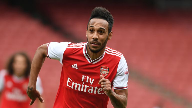  Pierre-Emerick Aubameyang of Arsenal during a friendly match between Arsenal and Charlton Athletic at Emirates Stadium on June 06, 2020 in London, England. (Photo by Stuart MacFarlane/Arsenal FC via Getty Images)