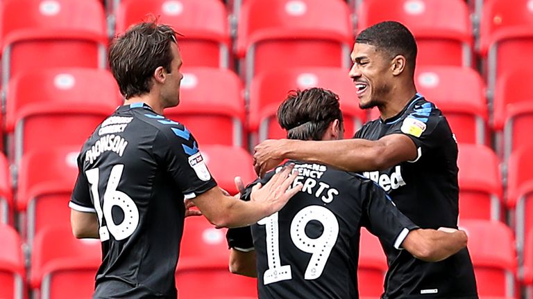 Middlesbrough's Ashley Fletcher celebrates scoring his side's first goal of the game during the Sky Bet Championship match at the bet365 Stadium, Stoke. PA Photo. Issue date: Saturday June 27, 2020. See PA story SOCCER Stoke. Photo credit should read: David Davies/PA Wire. RESTRICTIONS: EDITORIAL USE ONLY No use with unauthorised audio, video, data, fixture lists, club/league logos or "live" services. Online in-match use limited to 120 images, no video emulation. No use in betting, games or single club/league/player publications.