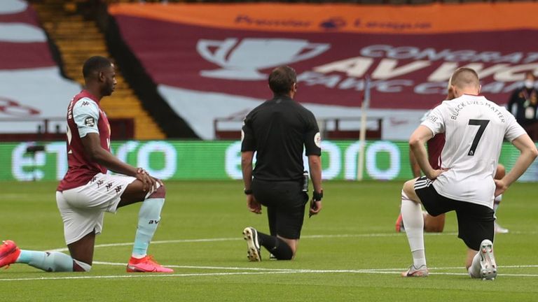 Referee Michael Oliver joined Aston Villa and Sheffield United players in taking a knee before kick-off at Villa Park