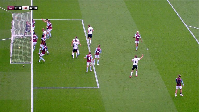 Aston Villa's Orjan Nyland appears to carry the ball over the line