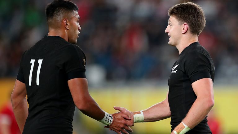 Beauden Barrett of New Zealand celebrates with Rieko Ioane as he scores his team's second try during the Rugby World Cup 2019 Bronze Final match between New Zealand and Wales at Tokyo Stadium on November 01, 2019 in Chofu, Tokyo, Japan. 