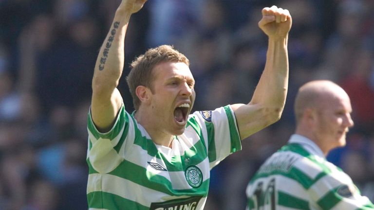 24/04/05 SPL .RANGERS v CELTIC (1-2).IBROX - GLASGOW.Craig Bellamy (left) celebrates at the final whistle .