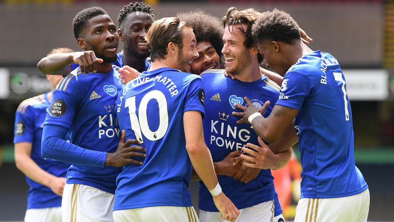 Ben Chilwell celebrates with his Leicester team-mates after scoring against Watford
