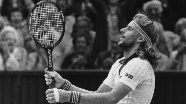 Bjorn Borg of Sweden goes down on his knees in celebration of his victory over John McEnroe of the USA at the Wimbledon Tennis Championships, winning the men's singles title for the fifth successive year.