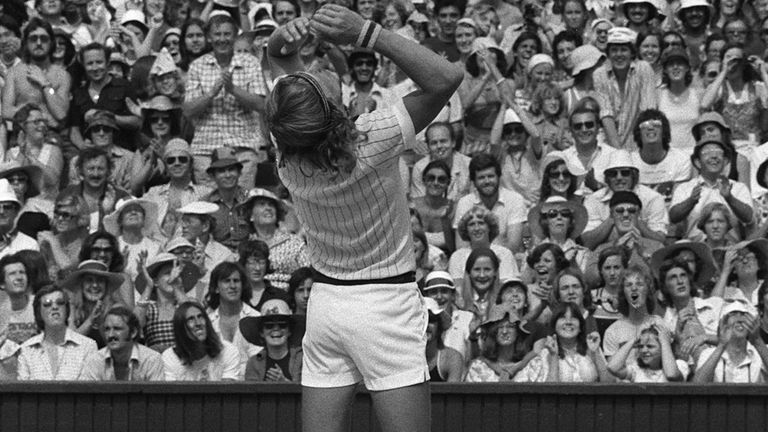 Bjorn Borg throws his racket into the air after beating Ilie Nastase, 6-4 6-2 9-7, to become Wimbledon Mens Singles champion.