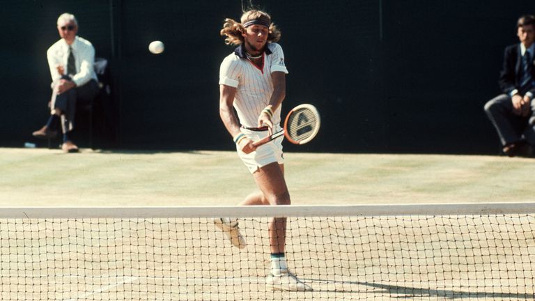 WEDEN'S BJORN BORG IN ACTION AT WIMBLEDON THIS AFTERNOON URING HIS MEN'S SINGLES SEMI-FINAL CLASH AT ROSCOE TANNER (U.S.A.). BORG WON THE MATCH 6-4 9-8 6-4 AND WENT ON TO WIN THE FINAL AND BEATING ROMANIA'S ILIE NASTASE