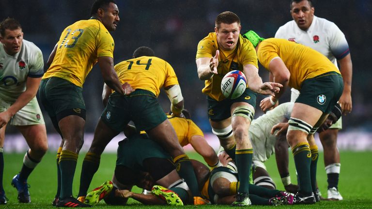 Blake Enever of Australia offloads the ball during the Old Mutual Wealth Series match between England and Australia at Twickenham Stadium on November 18, 2017 in London, England. (