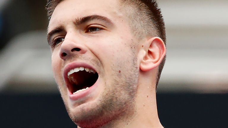 Borna Coric of Croatia reacts during his Men's Singles first round match against Sam Querrey of the United States of America on day one of the 2020 Australian Open at Melbourne Park on January 20, 2020 in Melbourne, Australia.