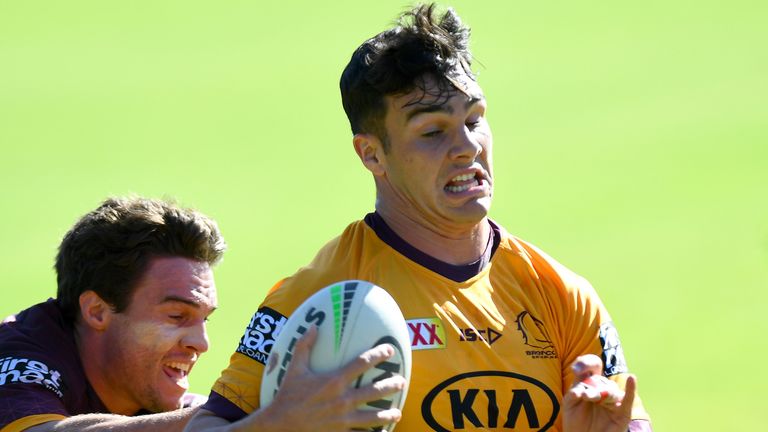 BRISBANE, AUSTRALIA - MAY 18: Herbie Farnworth attempts to break away from the defence of Brodie Croft during a Brisbane Broncos NRL training session at the Clive Berghofer Centre on May 18, 2020 in Brisbane, Australia. (Photo by Bradley Kanaris/Getty Images)