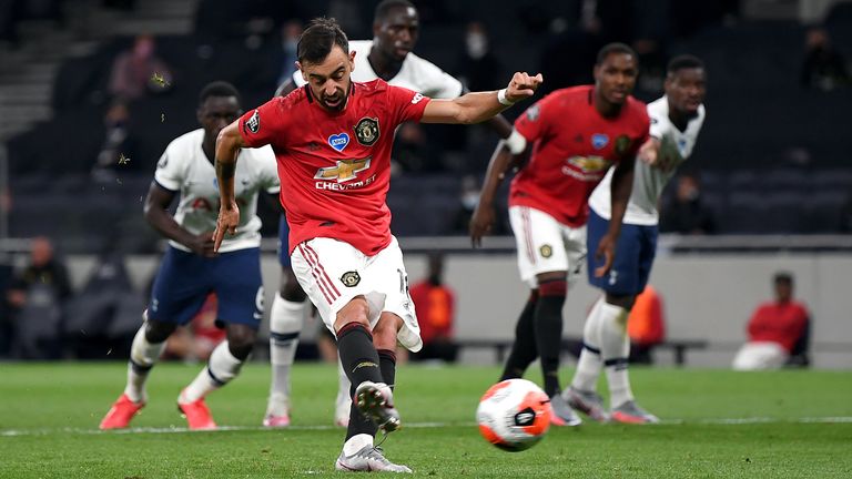 Manchester United's Bruno Fernandes levels from the penalty spot at Tottenham