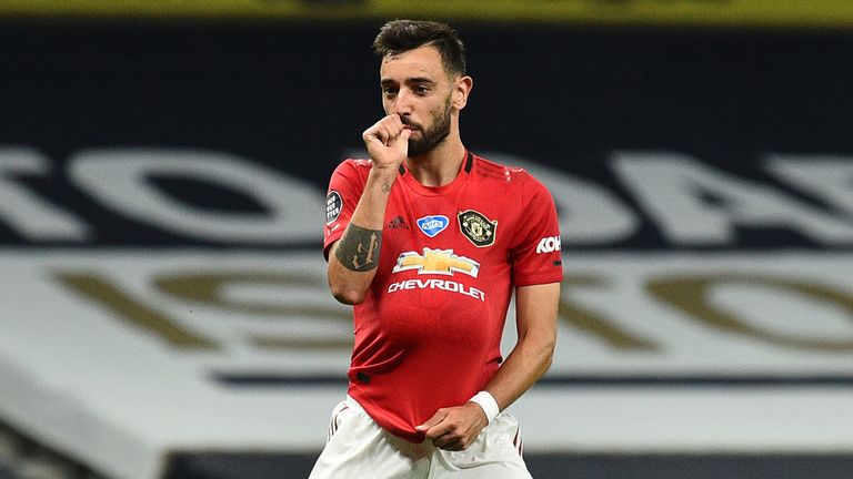 Bruno Fernandes celebrates after levelling for Manchester United at Tottenham