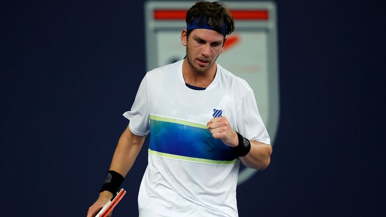 Cameron Norrie celebrates match point in his game against Ryan Peniston during day 2 of Schroders Battle of the Brits at the National Tennis Centre on June 24, 2020 in London, England. 