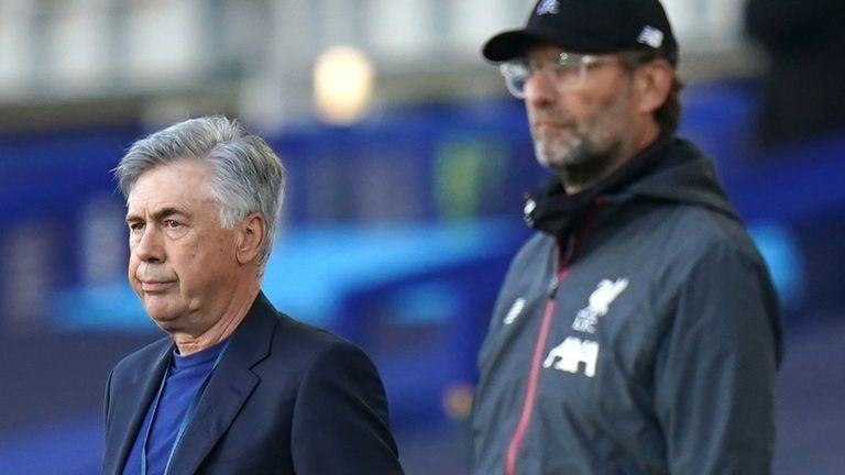 Carlo Ancelotti, manager of Everton and Jurgen Klopp, manager of Liverpool