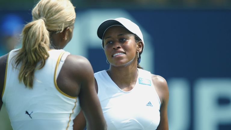 Chandra Rubin (USA) shakes hands with Serena Williams (USA) after the match in the quarterfinals of the JPMorgan Chase Open on August 9, 2002 at the Manhattan Country Club in Manhattan Beach, California. Rubin won 6-2, 4-6, 7-5.