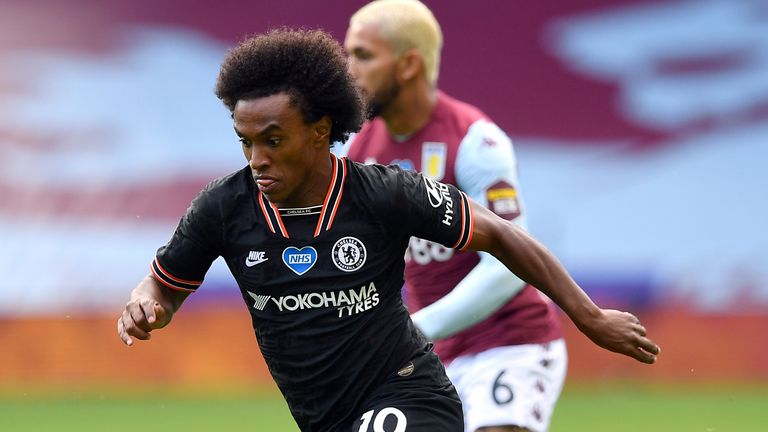Chelsea...s Willian during the Premier League match at Villa Park, Birmingham. PA Photo. Issue date: Sunday June 21, 2020. See PA story SOCCER Villa. Photo credit should read: Justin Tallis/PA Wire/NMC Pool. RESTRICTIONS: EDITORIAL USE ONLY No use with unauthorised audio, video, data, fixture lists, club/league logos or "live" services. Online in-match use limited to 120 images, no video emulation. No use in betting, games or single club/league/player publications.