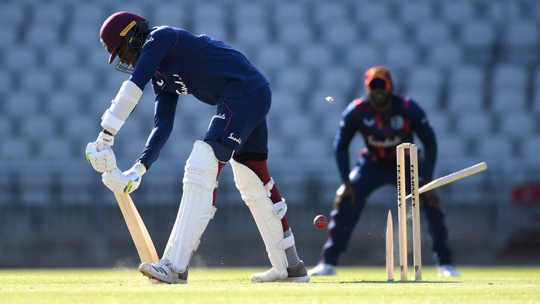 Chemar Holder bowled by Alzarri Joseph in West Indies' first intra-squad warm-up match at Emirates Old Trafford