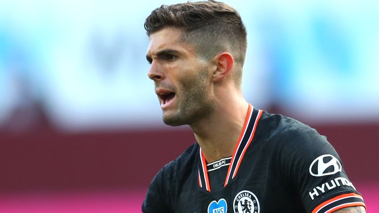 Christian Pulisic celebrates after scoring for Chelsea against Aston Villa