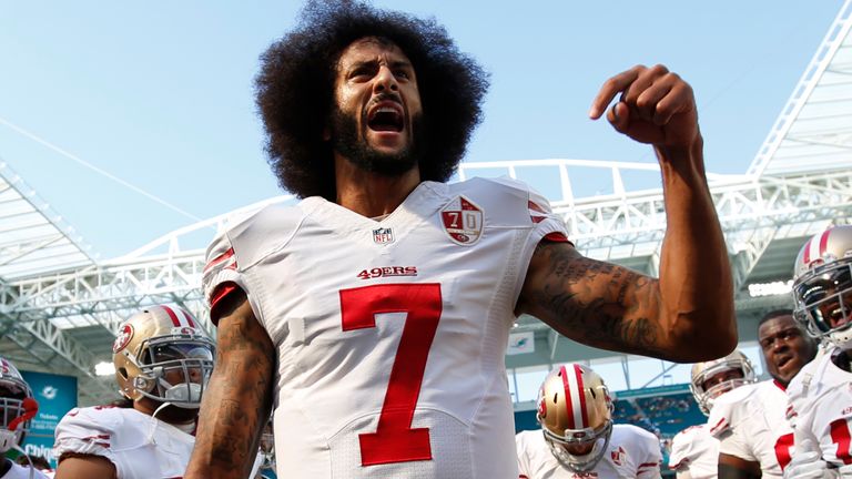 MIAMI GARDENS, FL - NOVEMBER 27: Colin Kaepernick #7 of the San Francisco 49ers fires the team up on the field prior to the game against the Miami Dolphins at Hard Rock Stadium on November 27, 2016 in Miami Gardens, Florida. The Dolphins defeated the 49ers 31-24. (Photo by Michael Zagaris/San Francisco 49ers/Getty Images)  *** Local Caption *** Colin Kaepernick