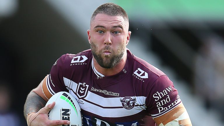 SYDNEY, AUSTRALIA - MARCH 15: Curtis Sironen of the Sea Eagles runs the ball during the round 1 NRL match between the Manly Sea Eagles and the Melbourne Storm at Lottoland on March 15, 2020 in Sydney, Australia. (Photo by Jason McCawley/Getty Images)