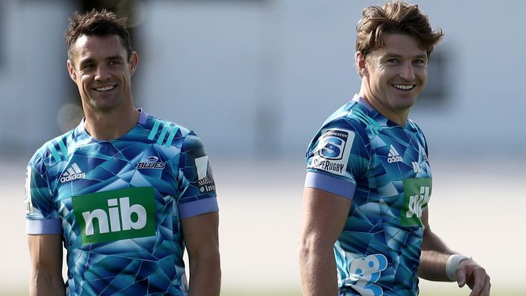 Dan Carter and Beauden Barrett run through drills during a Blues Super Rugby training session at Blues HQ on June 12, 2020 in Auckland, New Zealand
