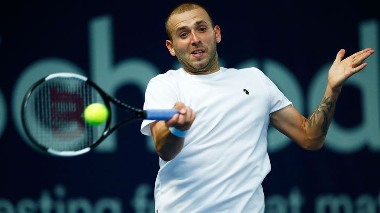 Dan Evans plays a forehand during his match against Jay Clarke on day 1 of Schroders Battle of the Brits at the National Tennis Centre on June 23, 2020 in London, England