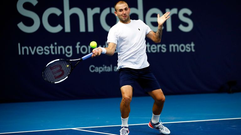 Dan Evans plays a forehand during his match against Jay Clarke on day 1 of Schroders Battle of the Brits at the National Tennis Centre on June 23, 2020 in London, England