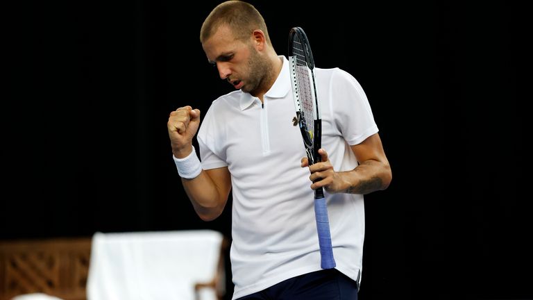 Dan Evans celebrates during his singles match against Cameron Norrie on day 3 of Schroders Battle of the Brits at the National Tennis Centre on June 25, 2020 in London, England. 