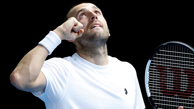 Dan Evans celebrates match point in the final against Kyle Edmuns during day 6 of Schroders Battle of the Brits at National Tennis Centre on June 28, 2020 in London, England.