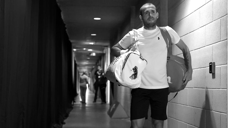 This image has been converted into black and white) Dan Evans enters the court prior to the final against Kyle Edmund during day 6 of Schroders Battle of the Brits at National Tennis Centre on June 28, 2020 in London, England.