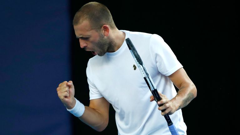 Dan Evans celebrates in the final against Kyle Edmund during day 6 of Schroders Battle of the Brits at National Tennis Centre on June 28, 2020 in London, England.