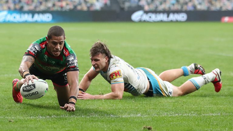 SYDNEY, AUSTRALIA - JUNE 13: Dane Gagai of the Rabbitohs heads for the tryline to have it disallowed during the round five NRL match between the South Sydney Rabbitohs and the Gold Coast Titans at Bankwest Stadium on June 13, 2020 in Sydney, Australia. (Photo by Cameron Spencer/Getty Images)